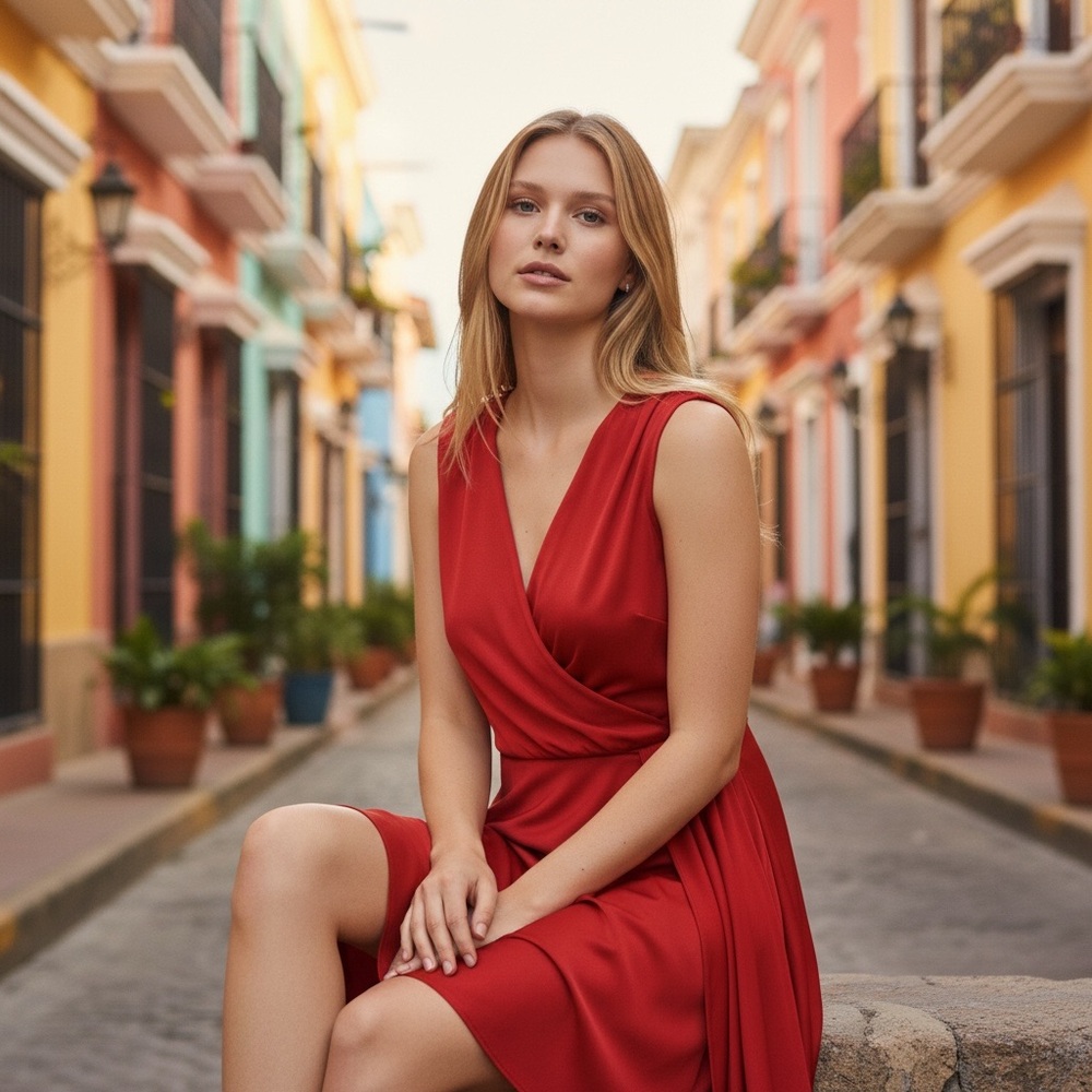 Calvin Klein Red Faux Wrap Surplice Sleeveless Dress - Picture 1 of 10